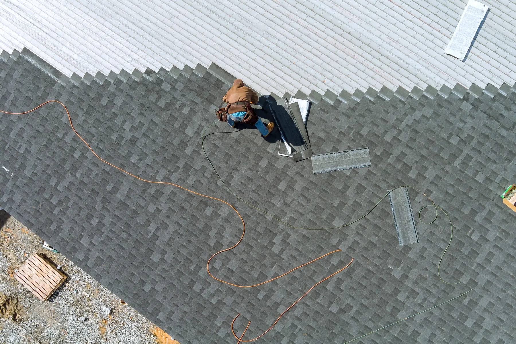 aerial shingle install underlayment